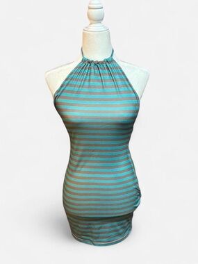 Striped Halter Neck Tank Top in Teal and Gray